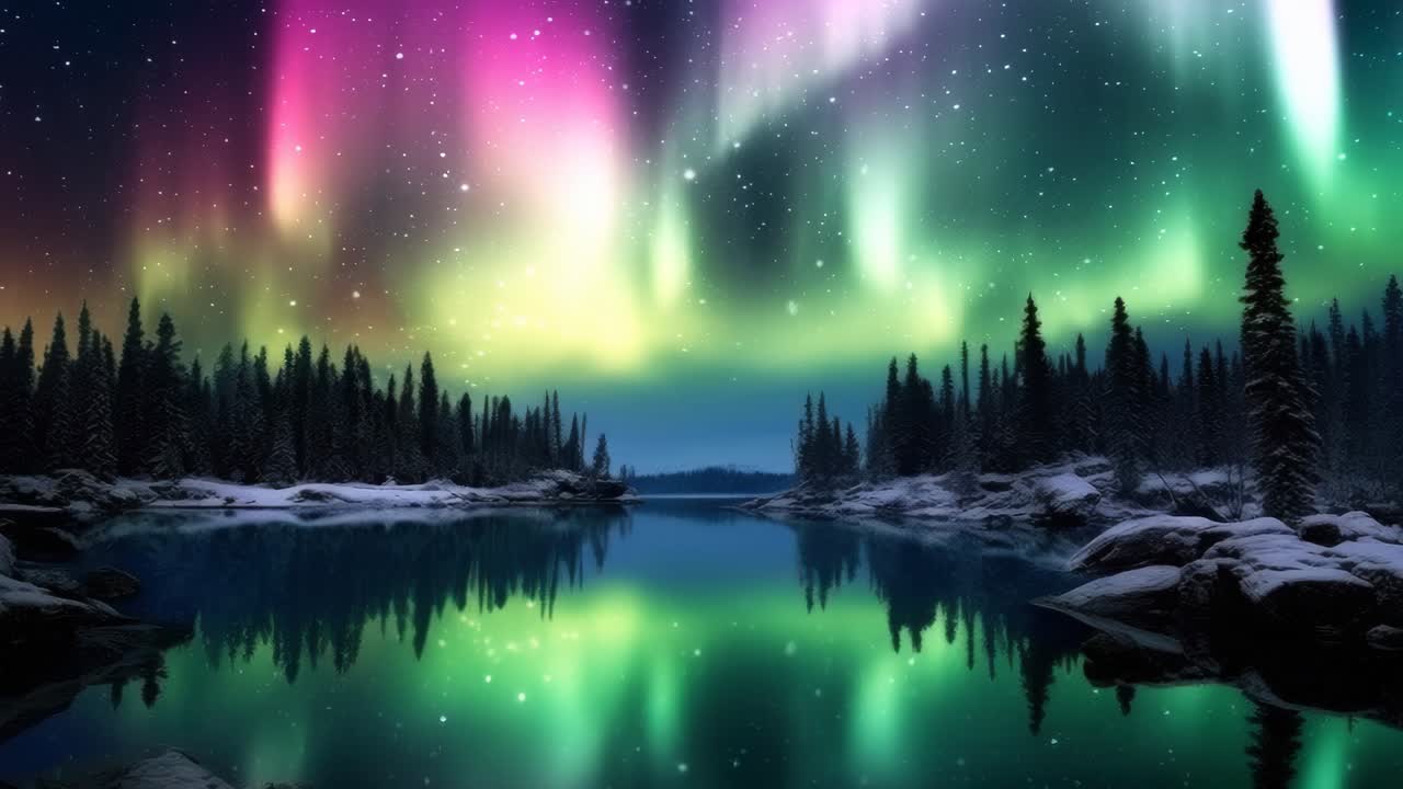 Un video affascinante dell'aurora boreale sopra un lago tranquillo, ripreso da un angolo basso