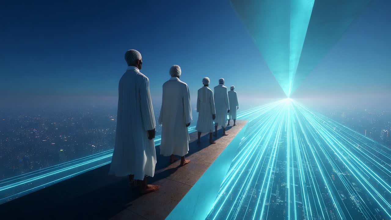 A Surreal Journey Towards the Unknown: Figures in White Ascend a Futuristic Path of Light, Gazing at a Distant Radiance in a Dreamlike Landscape of Endless Possibilities