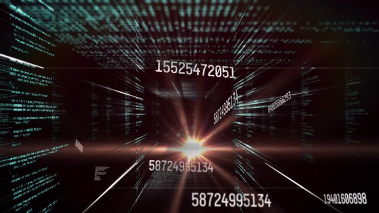 Animation of numbers, data processing and network of connections