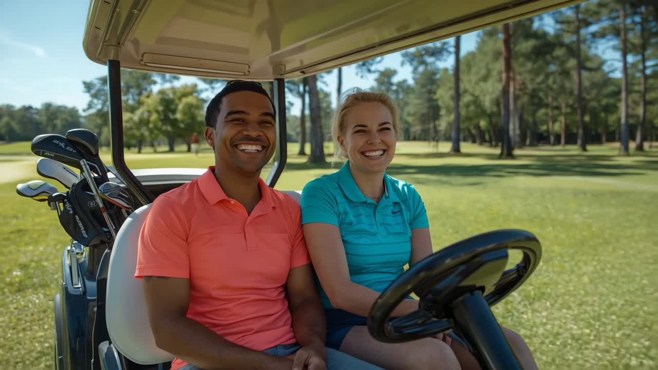 Coppia sorridente con polo color corallo e verde acqua si scambia un sorriso mentre guida un carrello con mazze da golf sul fairway