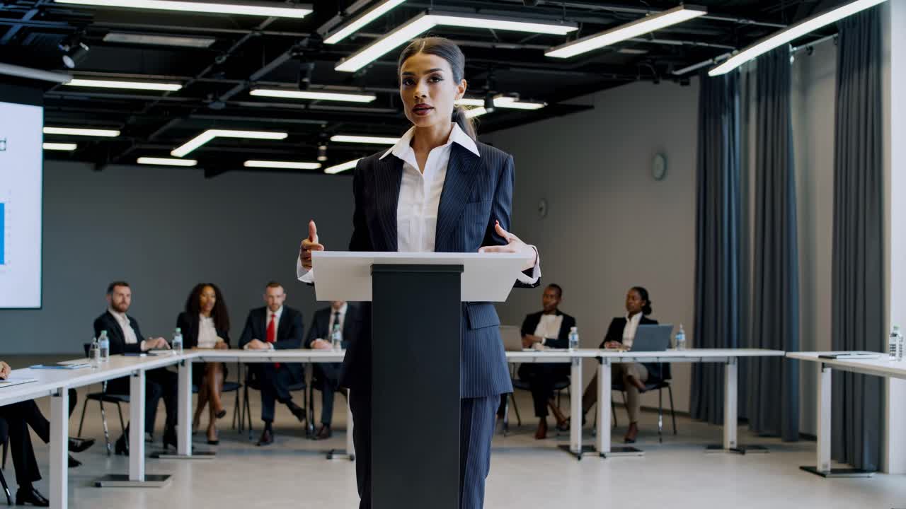 Una donna professionista tiene un discorso in una sala conferenze.