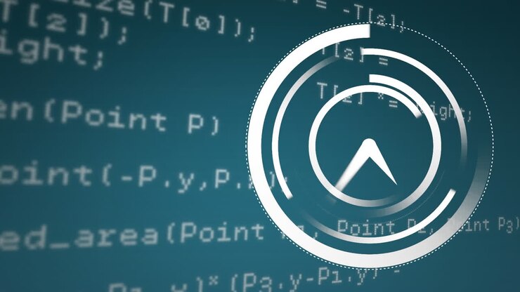 Moving white clock and programming data on blue background
