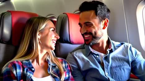 a man and a woman are sitting on a plane, smiling and laughing together