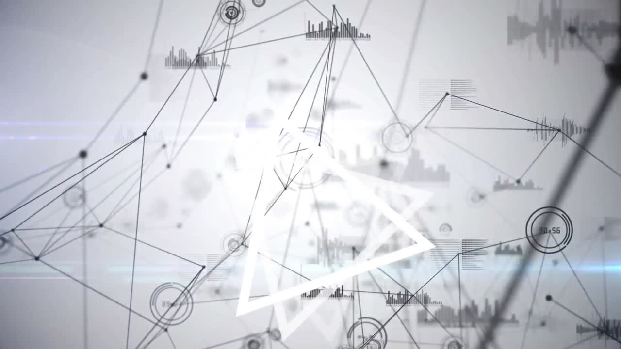 forma de triángulo girando contra la red de conexiones y procesamiento de datos en el fondo gay