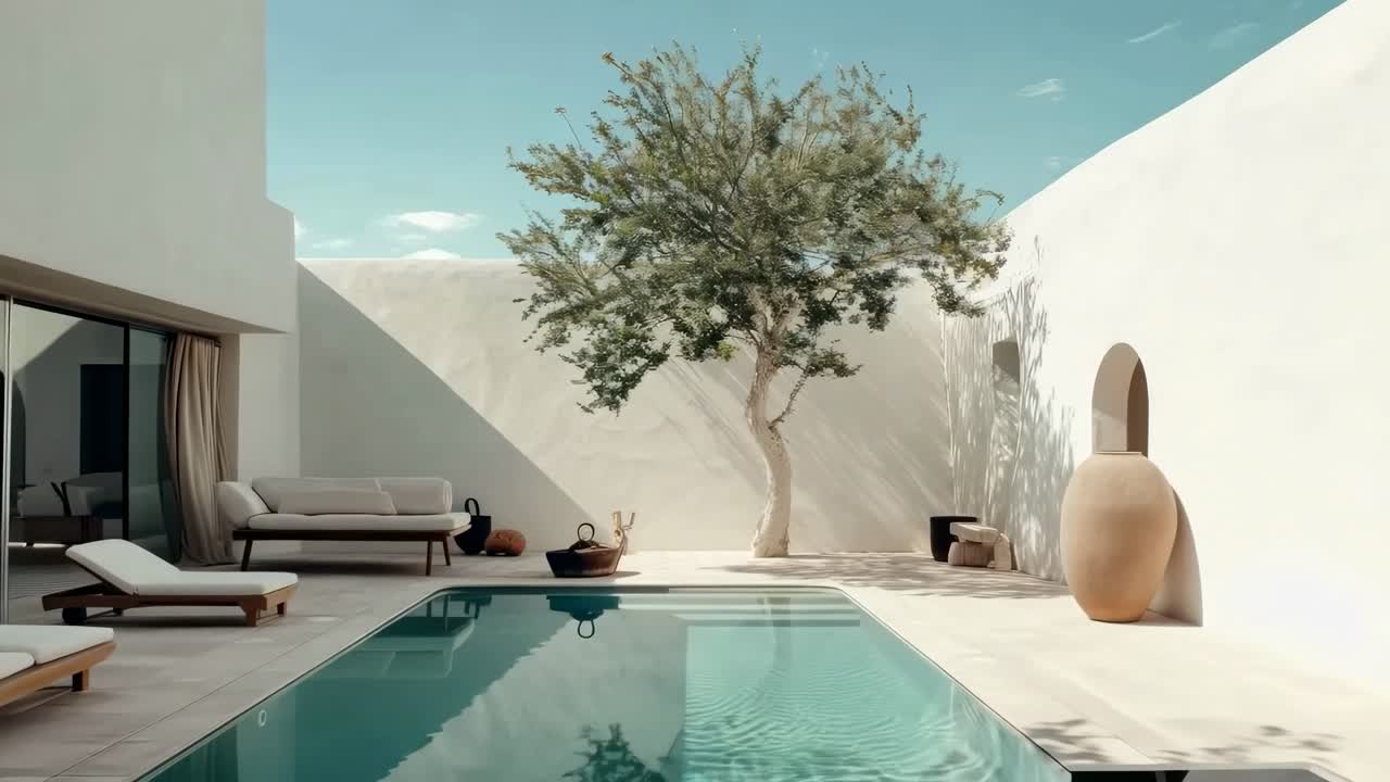 Aerial view of a minimalist courtyard with a pool, tree, and modern furniture