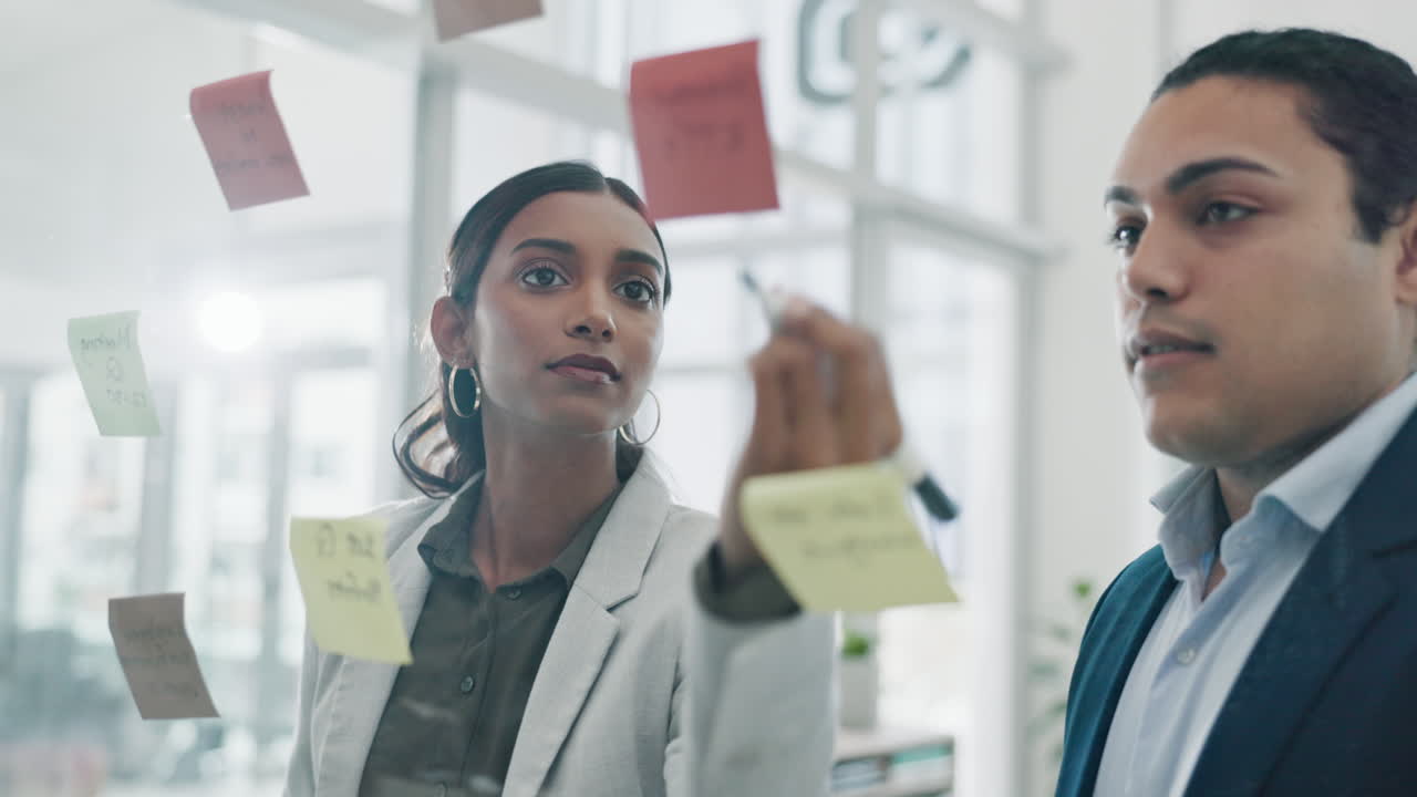 Glass wall, teamwork and business people planning