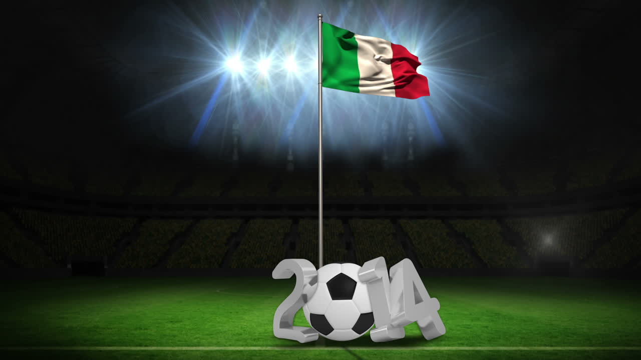 이탈리아 국기가 2014년 메시지와 함께 발 기둥에 흔들리고 있다.