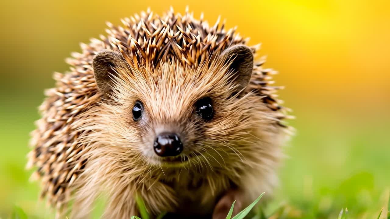 Ein wunderschöner Igel erkundet grünes Gras. Ein Igel wandert unter sonnigem Himmel durch saftig grünes Gras und zeigt seine spitzen Stacheln und neugierigen Augen.