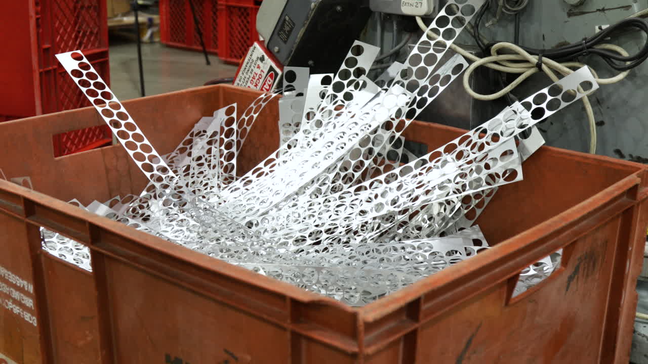 Aluminum caps being manufactured in an industrial setting, close-up of machine and products