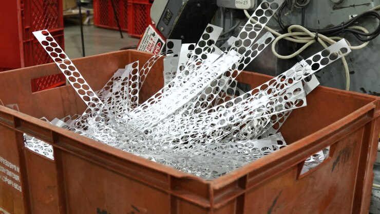 Aluminum caps being manufactured in an industrial setting, close-up of machine and products
