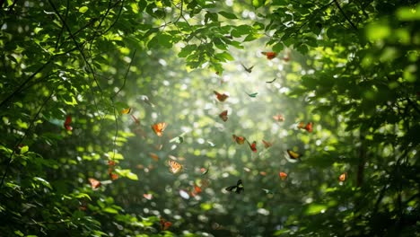 a serene glimpse into nature: enchanted forest scene filled with colorful butterflies dancing among sunlit leaves and misty ambience