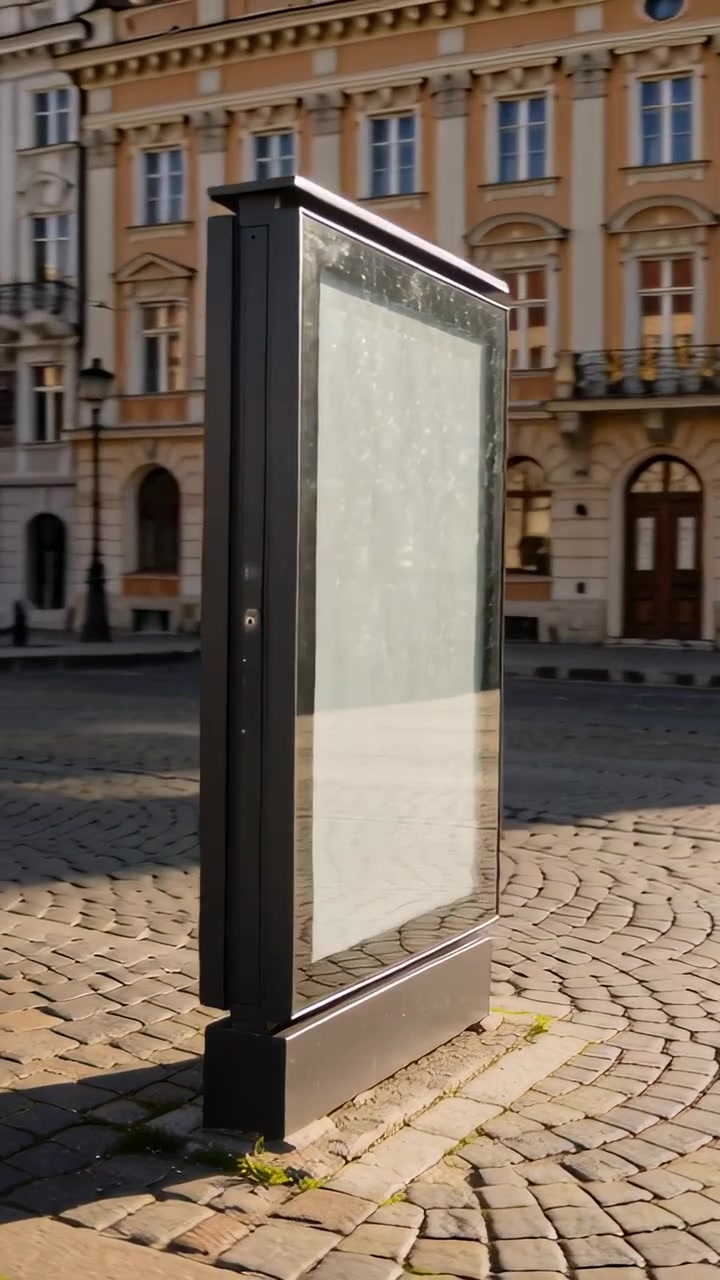 Video verticale: Luce solare che crea un bagliore, telecamera che gira intorno a un chiosco su una piazza acciottolata mostrando la facciata.
