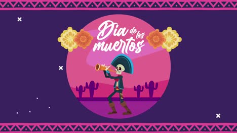 celebración del dia de los muertos con cráneo de mariachi tocando trompeta y flores