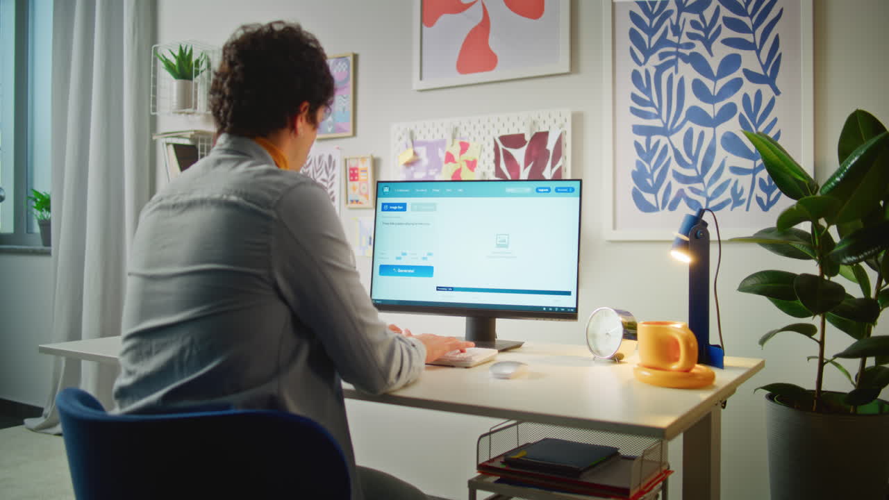 가정 사무실에서 컴퓨터로 일하는 사람