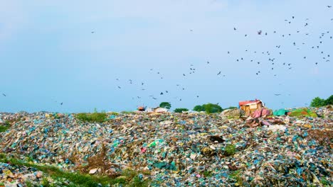 heap of trashes and rubbish in polluted landscape with flying birds
