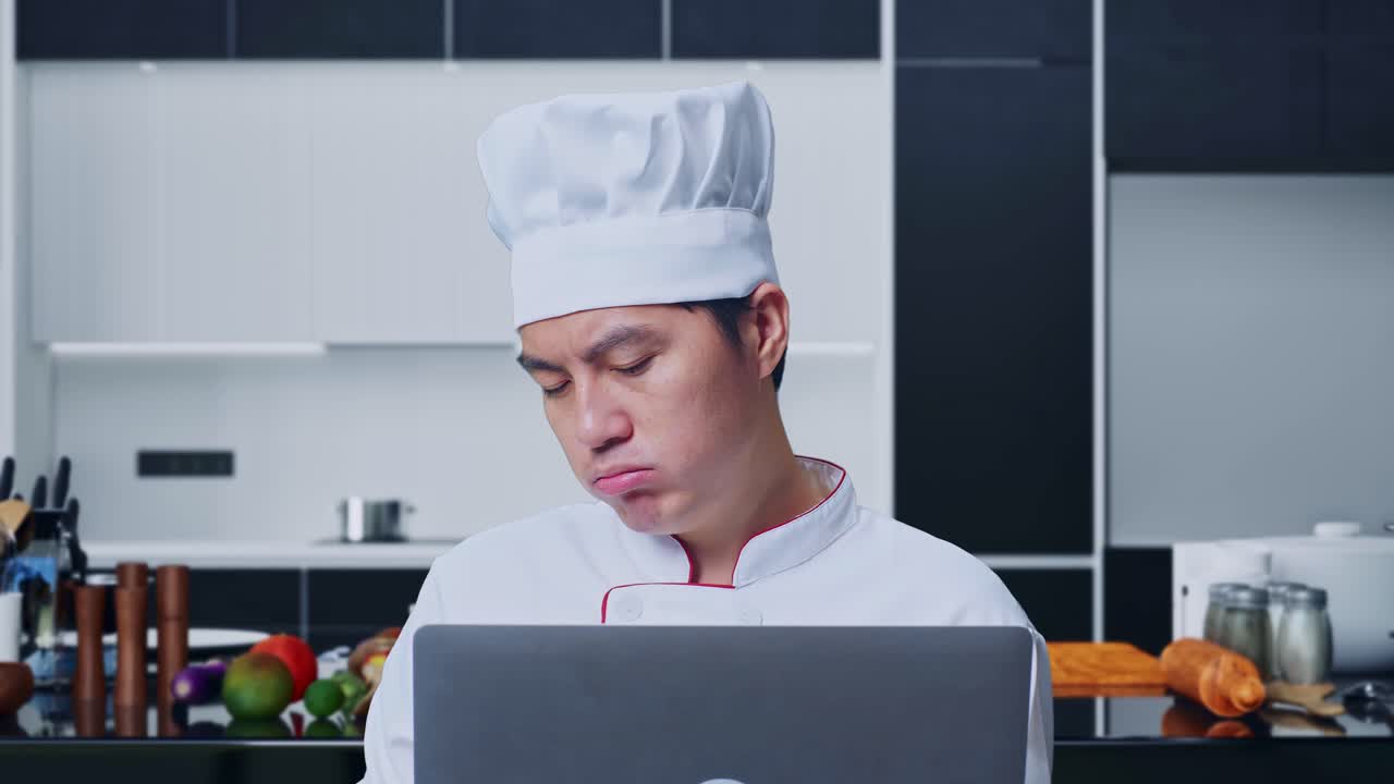 Primo piano di uno chef uomo asiatico che usa un laptop e ha mal di testa mentre è in piedi nella cucina di casa.