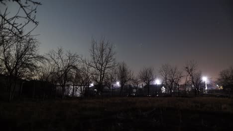 Vista-De-Casas-Rodeadas-De-árboles-Sin-Hojas-Con-Relámpagos-Sobre-El-Campo-De-Hierba-En-El-Campo-Por-La-Noche