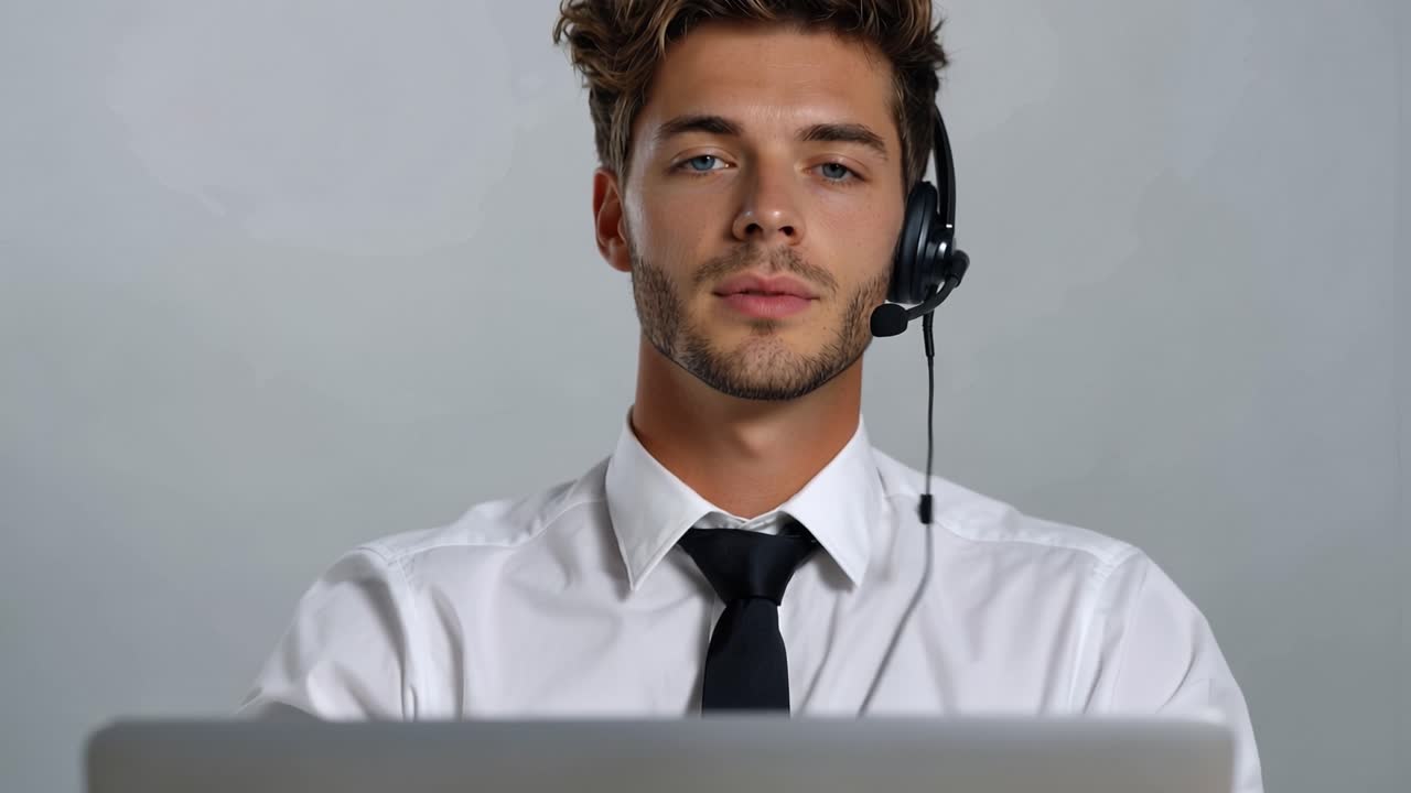 En ung mann justerer headsettet mens han jobber på laptopen. Et fokusert uttrykk antyder profesjonelt engasjement. Nøytral bakgrunn holder oppmerksomheten på motivet. Ideelt for temaer om kundeservice eller teknisk support.