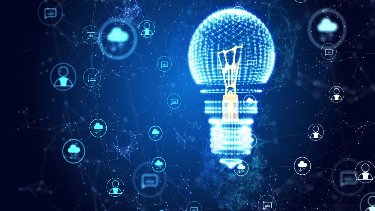 Animation of light bulb spinning with network of connections on blue background