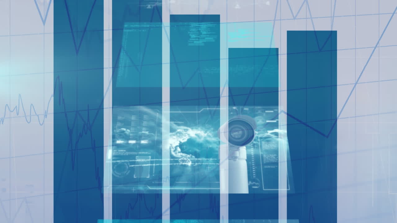 Animation of statistics and financial data processing on screen over grid