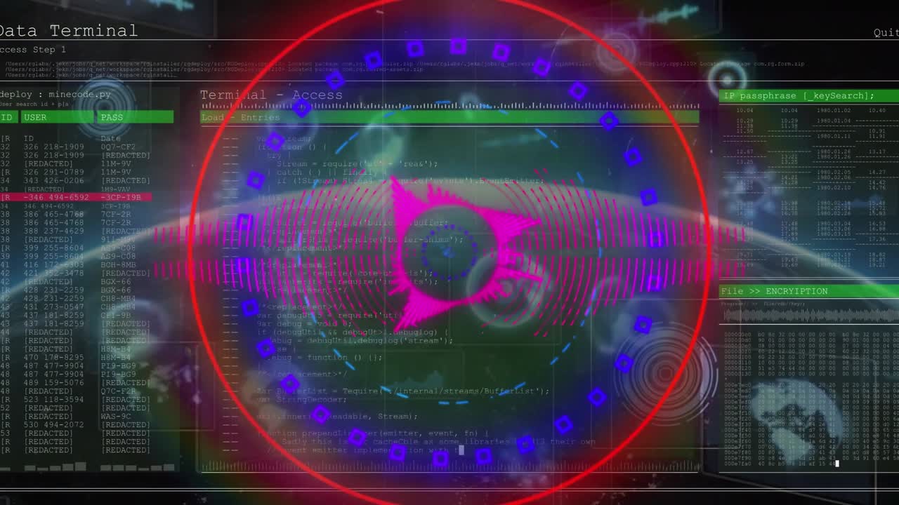 Animation of neon circles and shapes over digital screen with diverse data