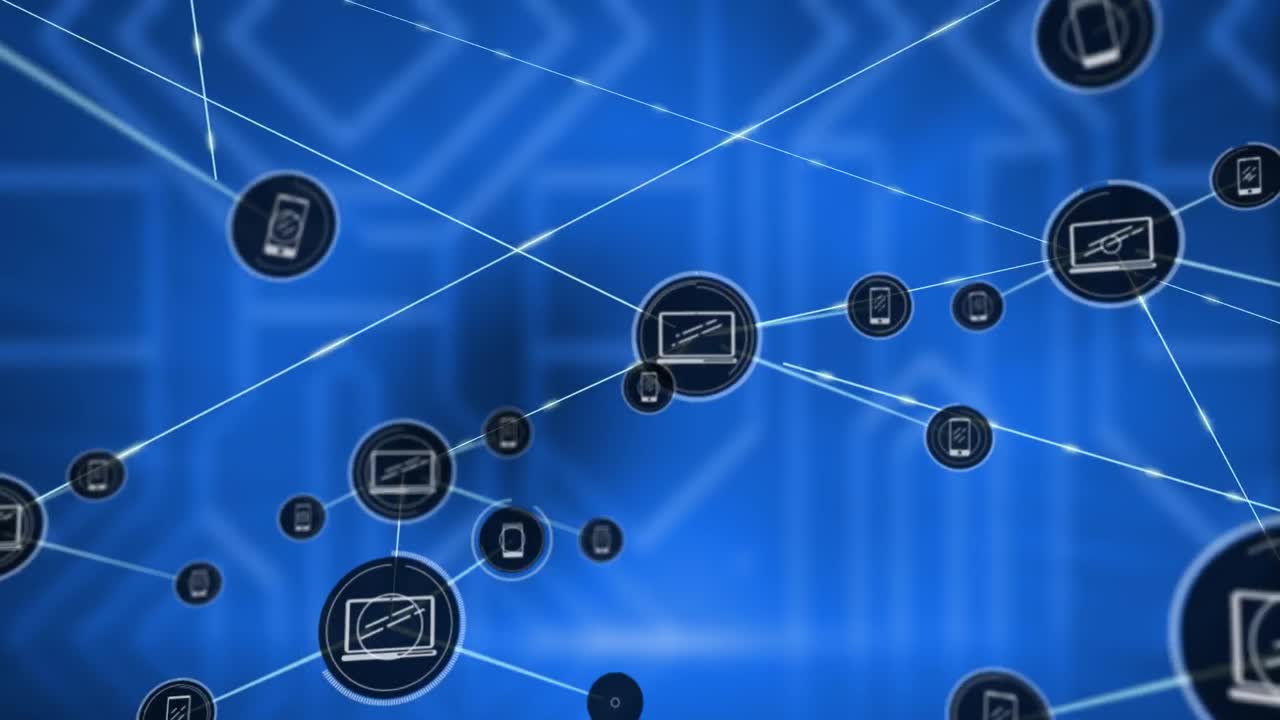 Animation of network of connections with icons over shapes on blue background
