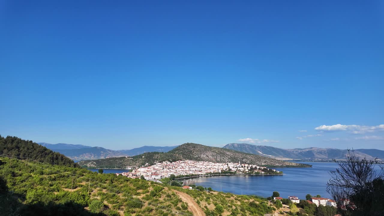 Kastoria city viewpoint Lake Orestiada nature landscape Greece Macedonia region clear blue sky