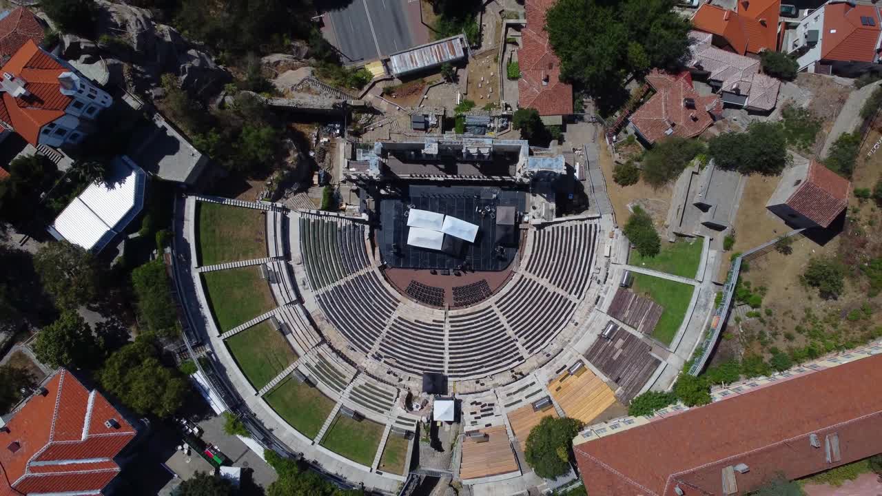 Drone view looking down onto empty Ancient Theatre of Phillippopolis in Plovdiv, Bulgaria