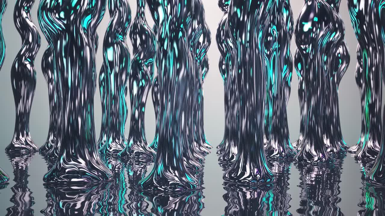 Abstract metallic structures with reflective surfaces and blue highlights creating an alien landscape