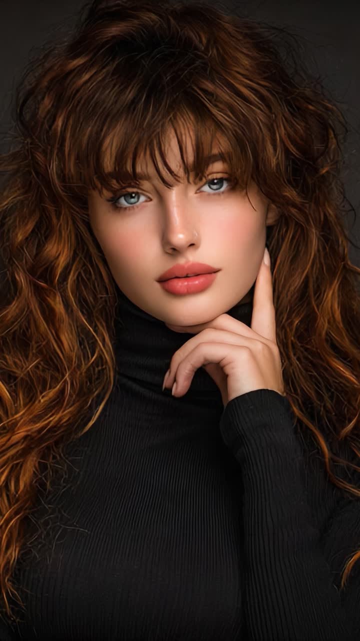 Un ritratto accattivante di una giovane donna con tratti sorprendenti e folti capelli ricci, che enfatizza la bellezza e lo stile in un’elegante ambientazione scura