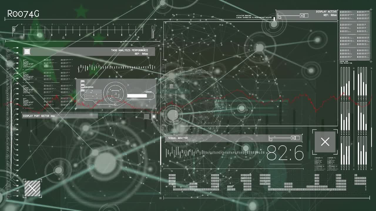 Animation of interface with data processing against globe of network of connections