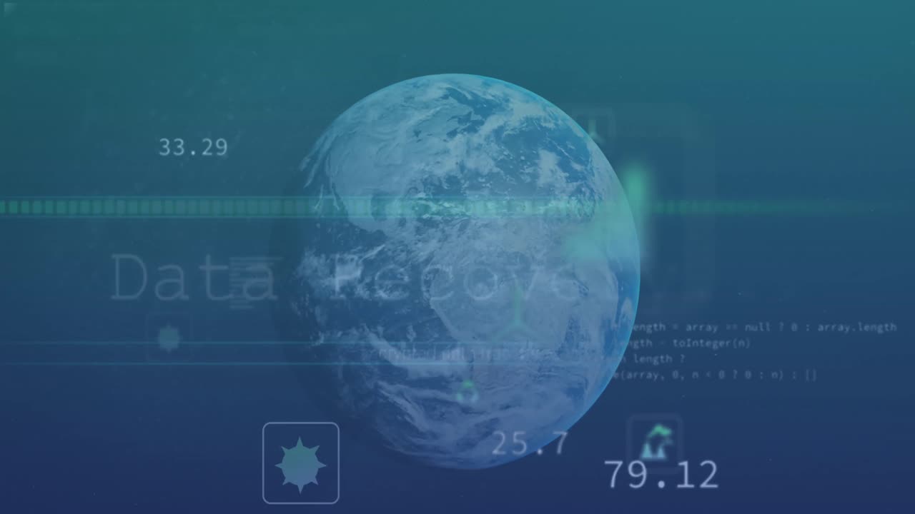 Animation of multiple digital icons and data processing over spinning globe against blue background