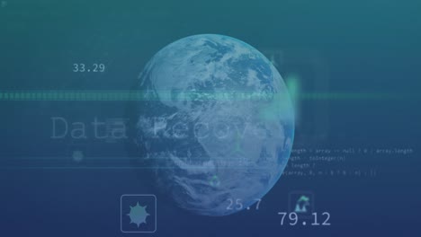 Animación-De-Múltiples-Iconos-Digitales-Y-Procesamiento-De-Datos-Sobre-Un-Globo-Giratorio-Sobre-Fondo-Azul