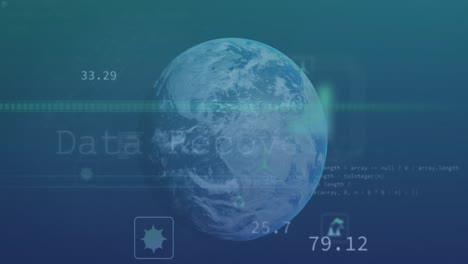 animación de múltiples iconos digitales y procesamiento de datos sobre un globo giratorio contra un fondo azul