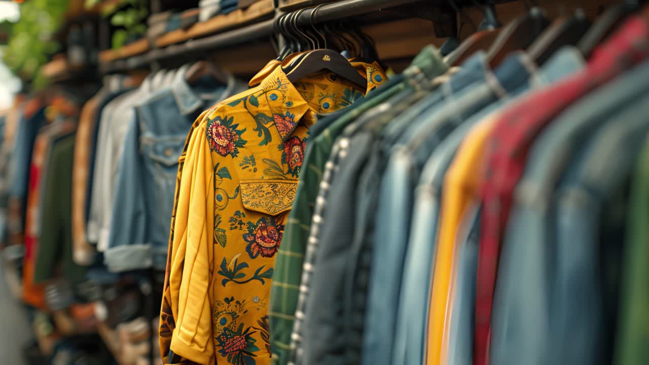 A rack of colorful shirts hanging in a clothing store