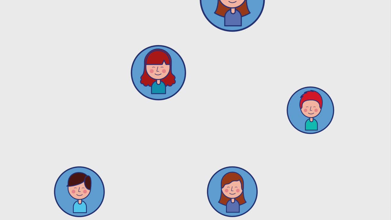 소녀 소년 만화 캐릭터는 둥근 프레임에서 움직입니다.