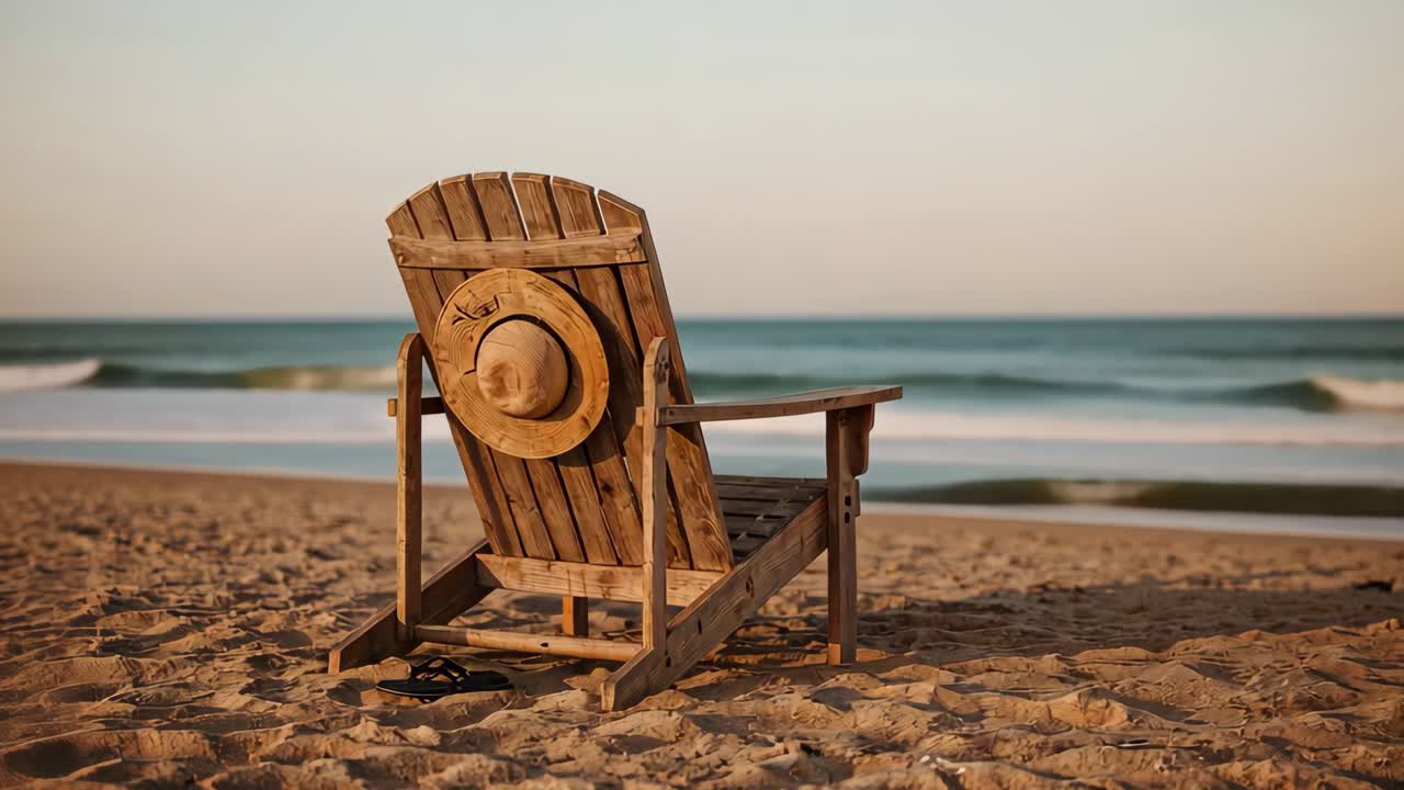Chaise de plage avec un chapeau sur une plage de sable donnant sur l’océan