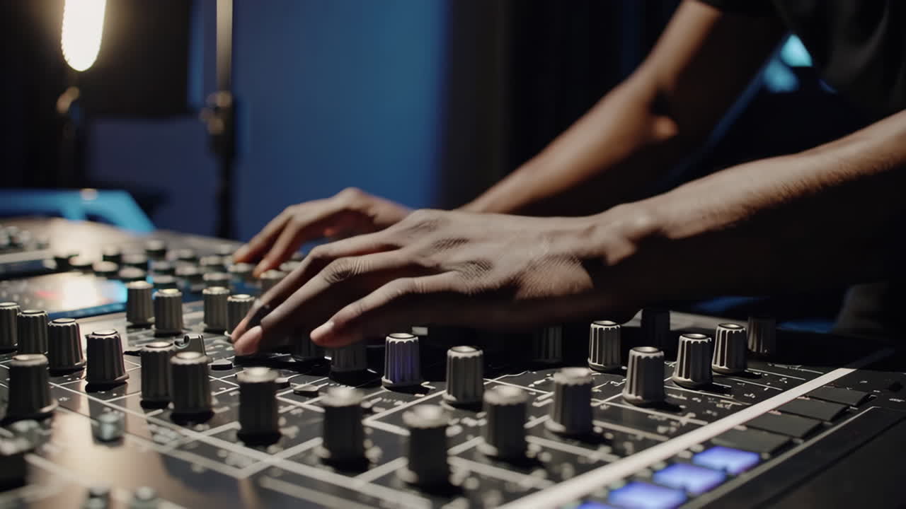 Audio Engineer Working on a Mixing Console
