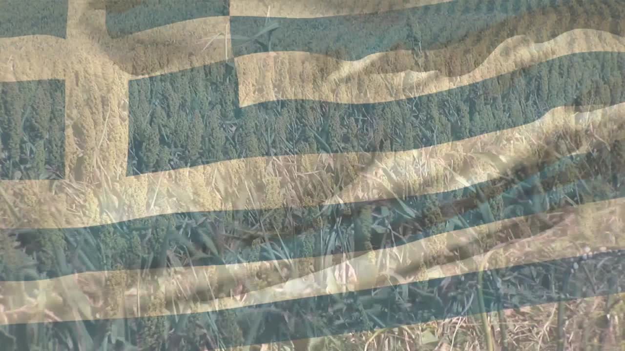 animación de la bandera de grecia ondeando sobre un campo agrícola