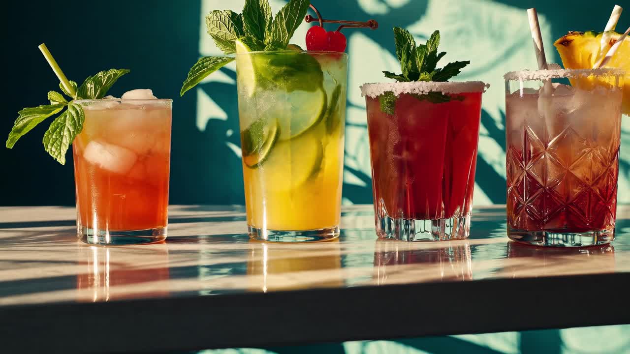 Colorful cocktails adorned with fresh fruit and leafy herbs resting on sleek bar counter, casting soft shadows against vibrant turquoise background