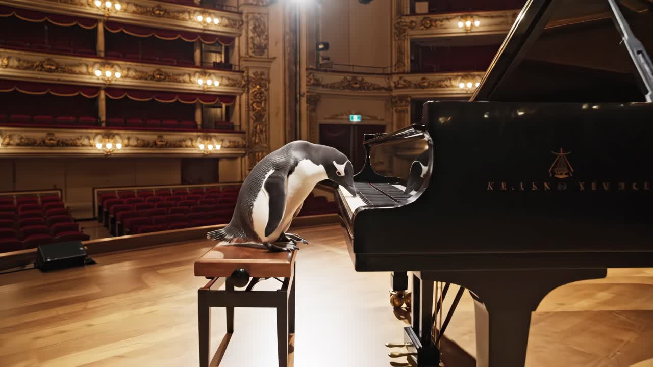 Penguin playing piano in a concert hall