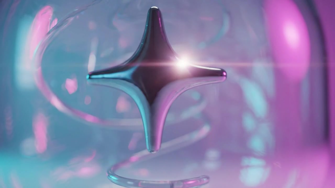Un'eterea sfera di vetro con una forma a stella metallica, circondata da vivaci spirali di luce colorata, che cattura un effetto traslucido e onirico.