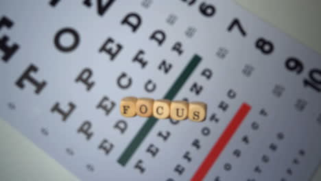 dice spelling out focus falling on eye test