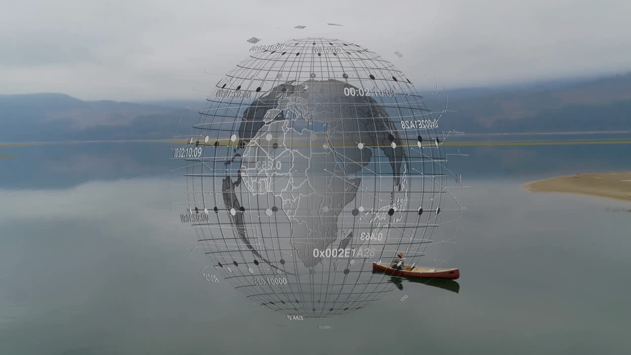 Digital globe with data points animation over serene lake and canoe scene
