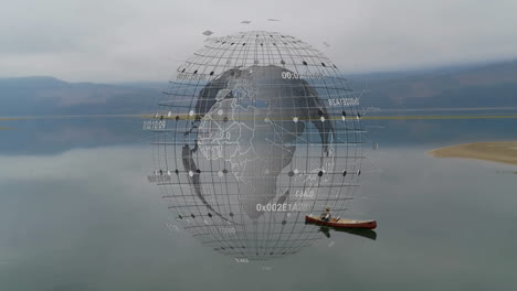 digital globe with data points animation over serene lake and canoe scene