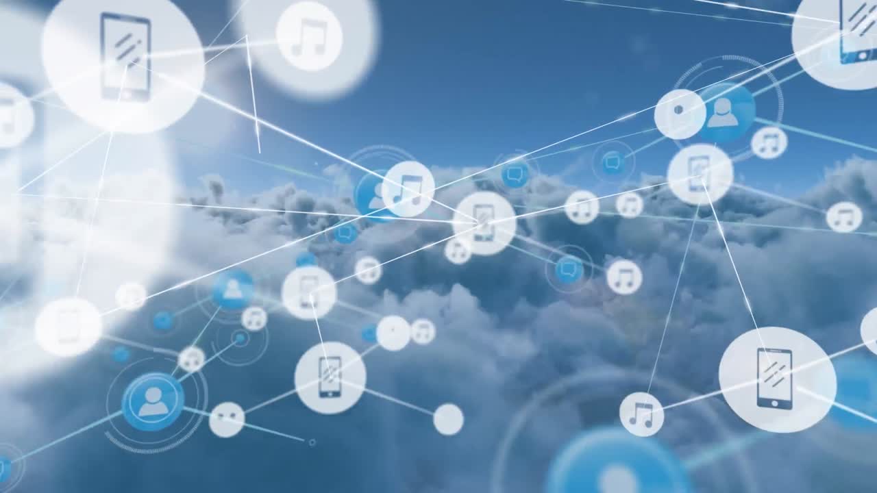 클라우드 상의 디지털 아이콘으로 연결 네트워크의 애니메이션