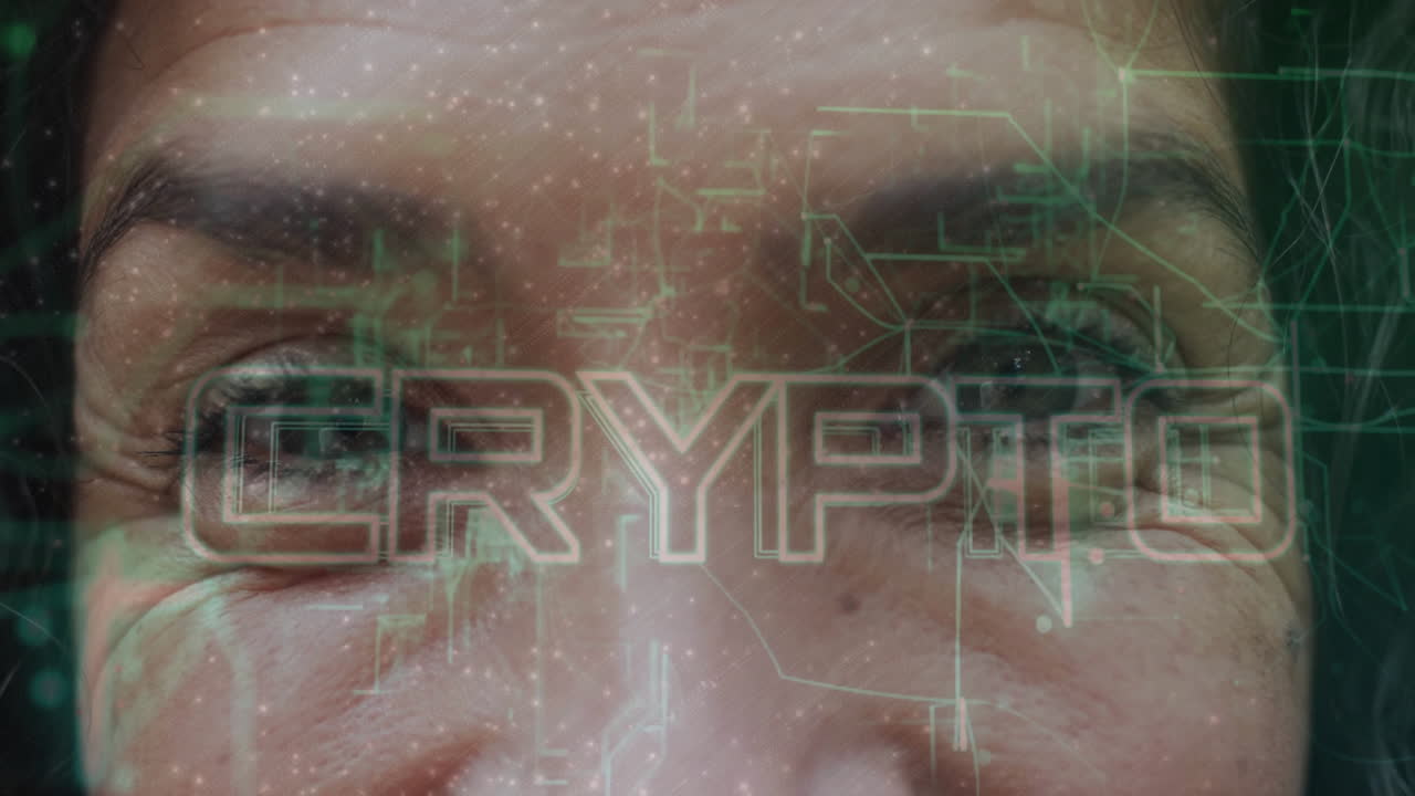 CRYPTO text animation over close-up of person''s eyes with digital circuitry