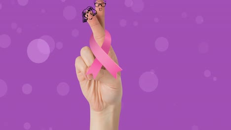 Animation-of-hand-of-caucasian-woman-holding-pink-ribbon-on-purple-background