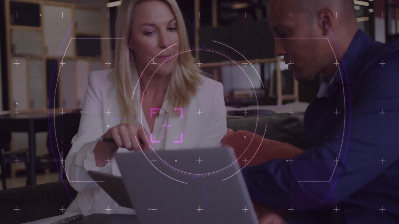 Animation of financial data processing over diverse business people in office