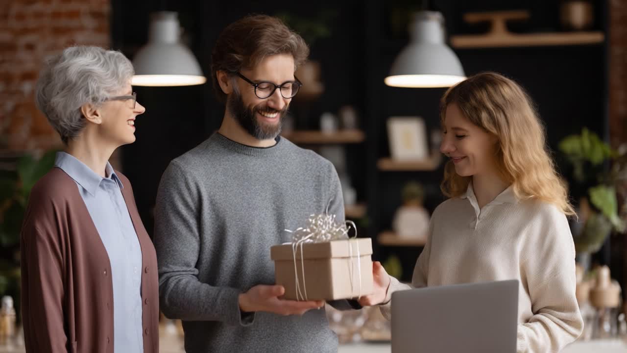 A Warm Gift Exchange Among Friends: Joyful Moments and Smiles as a Thoughtful Surprise is Shared with Loved Ones in a Cozy Setting